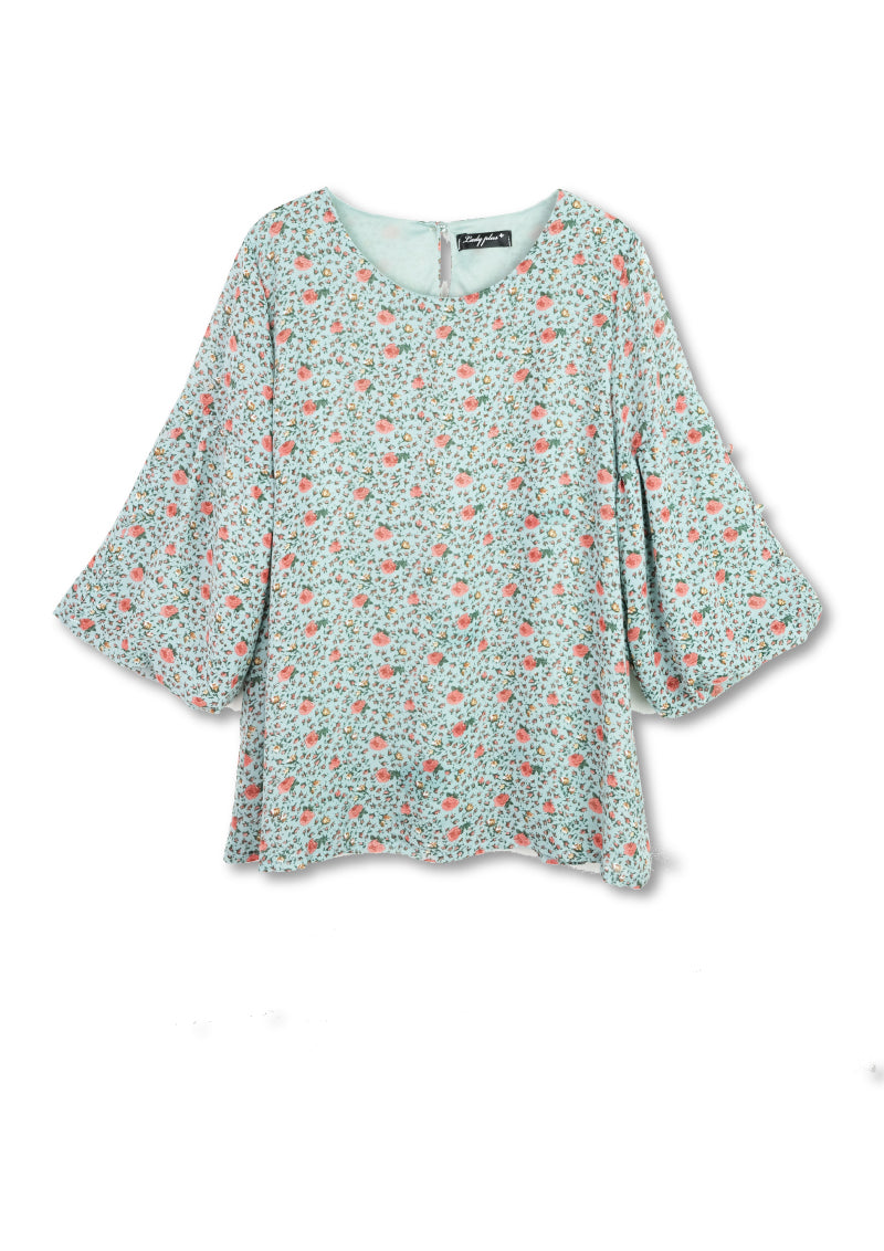 Lady Plus เสื้อลายดอกไม้แขนบอลลูนคอกลม | Ballon Sleeve Floral Blouse สีเขียวอ่อน