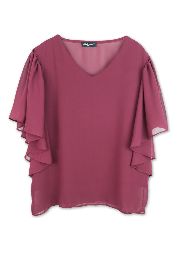 Lady Plus เสื้อชีฟองคอวีระบายข้าง | V-Neck Blouse with Ruffle Sleeves สีแดง